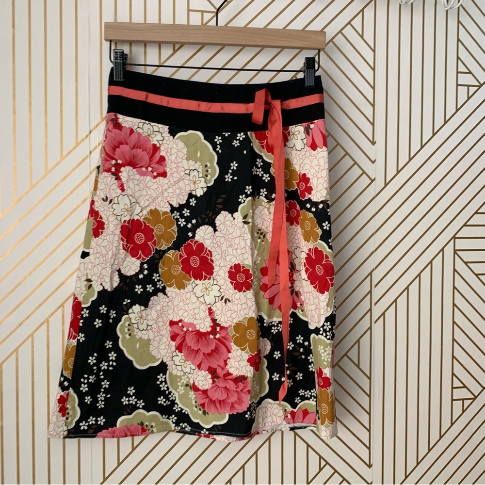 579 90s 2000s Y2K Cotton Floral A-Line Knee Length Skirt Boho Bohemian ribbon XS